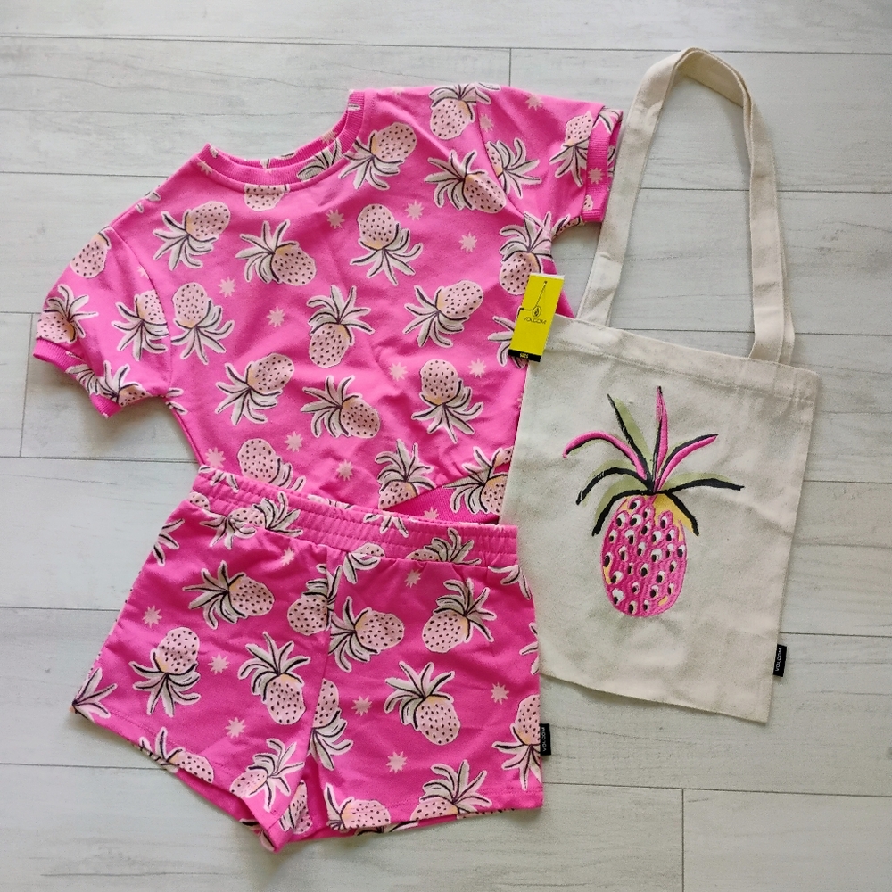 VOLCOM NEW Pink Pineapple French Terry Crewneck Sweatshirt, Shorts & Tote